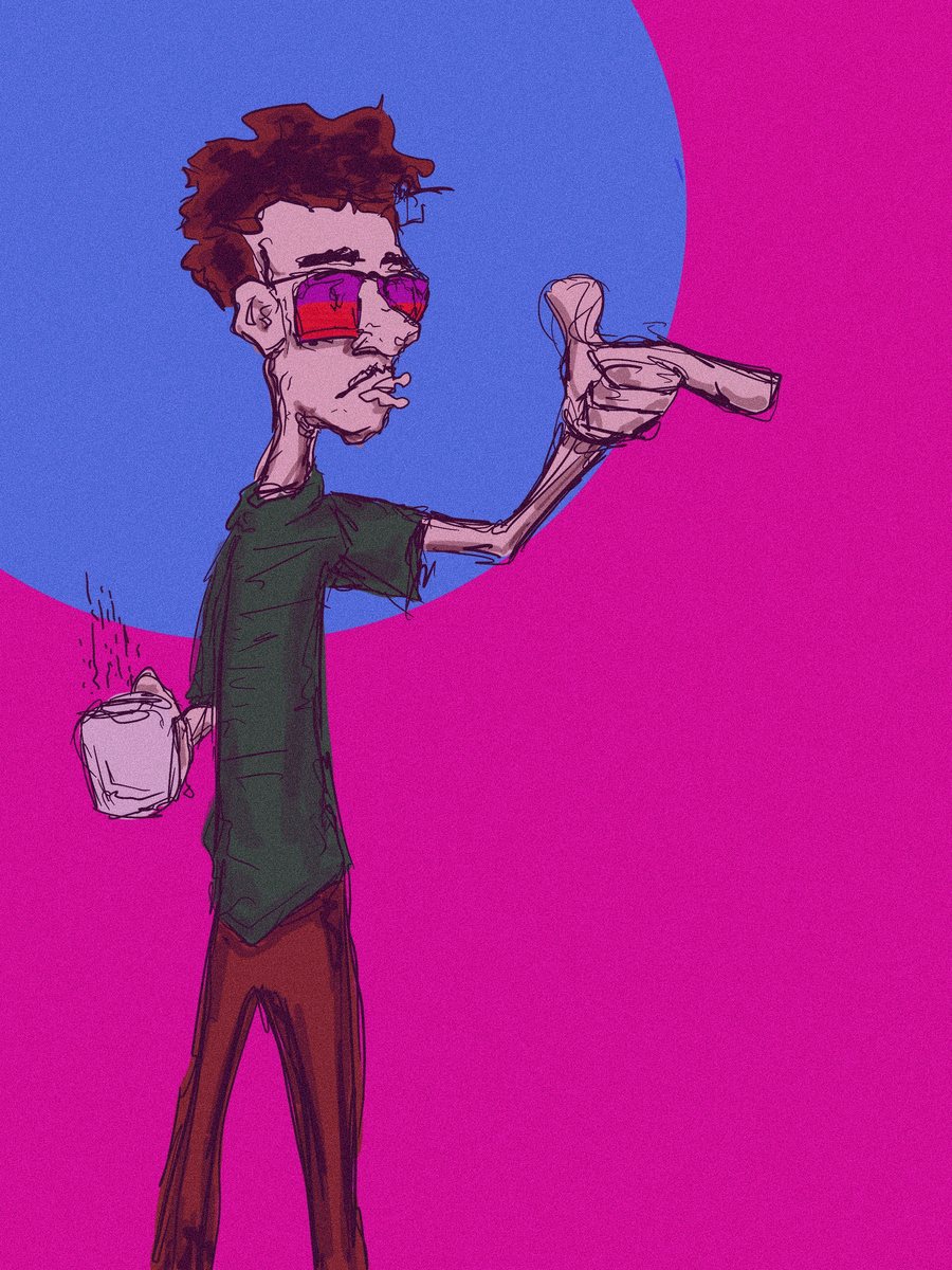 Digital illustration of a lanky man with a coffee cup against pink and blue