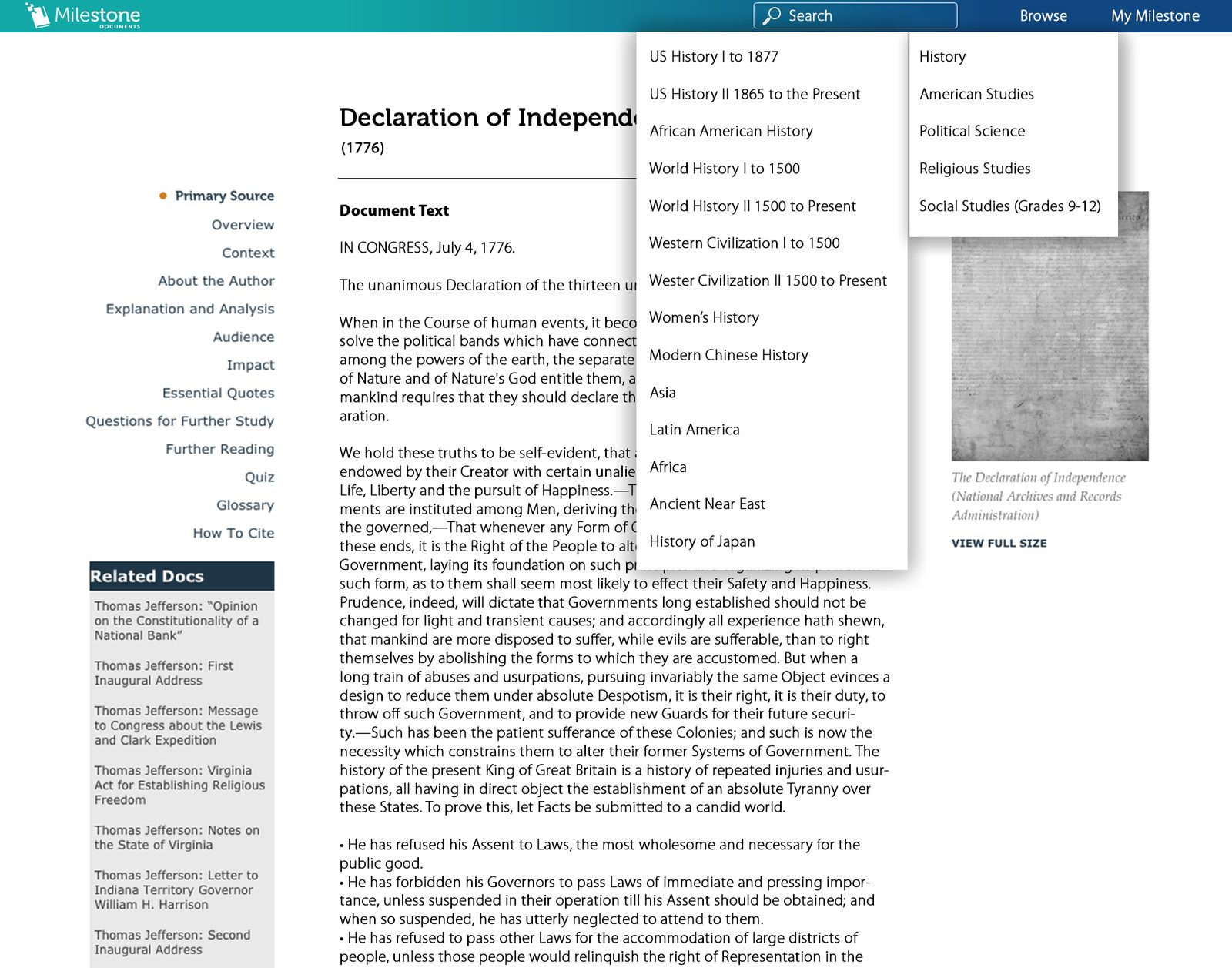 Milestone Documents reader view with expanded content navigation